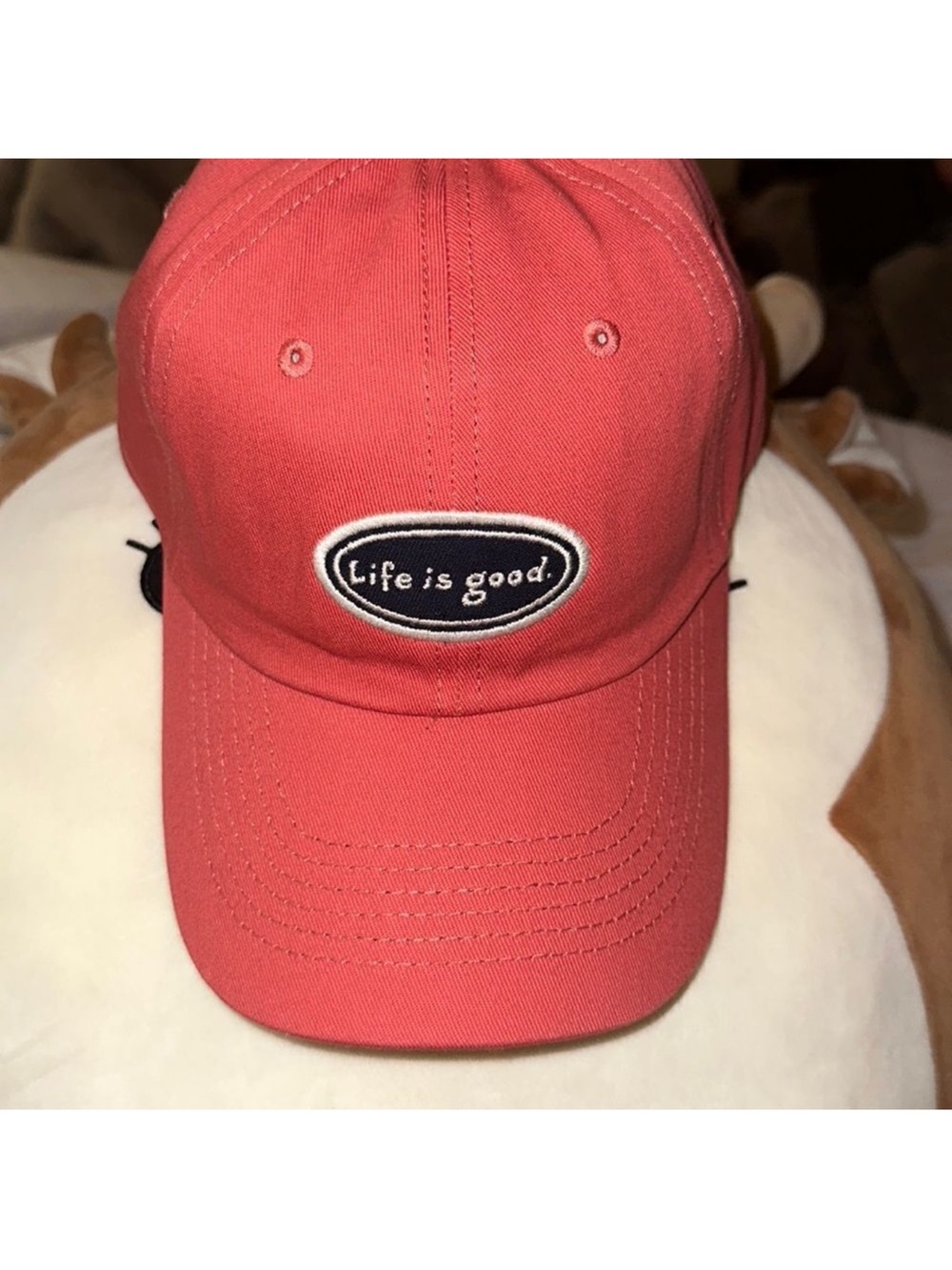 LIFE IS GOOD Coral Pink Navy White Embroidered Tattered Chill Cotton Cap